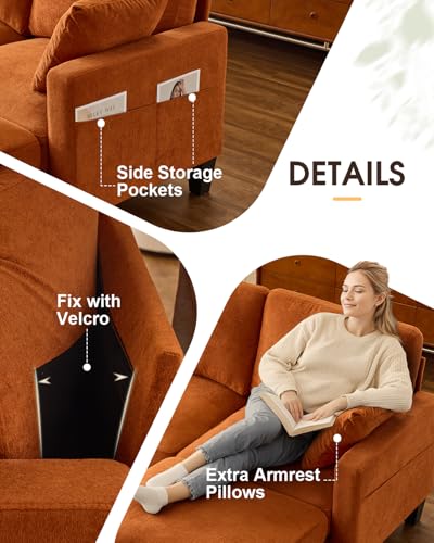 Image of Karl home 99.6 inch 3-Seat U-Shaped Sectional Sofa, Orange | Chenille Upholstered, 2 Movable Ottomans, Cloud-Like Seat, 2 Throw Pillows, Comfy Deep Seat, Living Room, Apartment, Office