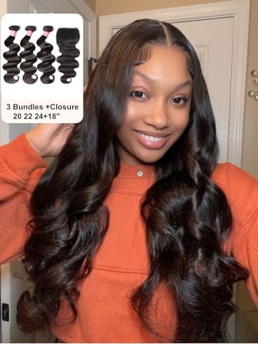 Image of UNICE Body Wave Human Hair Bundles with Closure 20 22 24+20 inch Brazilian Virgin Hair Weave 3 Bundles Human Hair with 5x5 hd Lace Closure Free Part Bleached Knots Natural Black