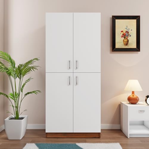 Image of VIKI Wardrobe | Wooden Almirah for Open Shelves with 4 Small Door Wardrobe (Walnut |White - 40D x 80W x 180.8H) | 1 Year Warranty | Free Assembly
