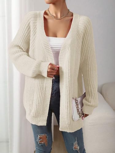 Image of Narecte Womens Cardigan Sweaters Open Front Cardigan Ribbed Knit Women's Casual Long Sleeve Cardigan Fall Outwear Apricot XS