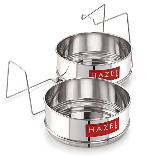 Image of HAZEL Cooker Separator with Lifter | Dal Chawal Container for Cooker | Stainless Steel Flat Cooker Dabba for 3 Litre | Set of 2 Containers, Dia : 13 x Height : 4.1 cm
