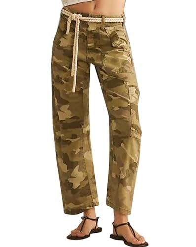 LifeShe Camo Cargo Pants for Women Army Camouflage Mid Rise Wide Straight Leg Trousers with Belt3