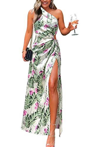 PRETTYGARDEN Women's 2024 Summer One Shoulder Satin Dress Cutout High Split Cocktail Wedding Guest Maxi Dresses