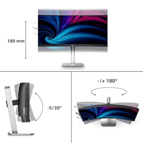 Philips 34B2U5600C - Moniteur incurvé WQHD 34 Pouces, réglable en Hauteur (3440x1440, 120Hz, HDMI, DisplayPort, USB-C (100W PD), RJ45, Hub USB) Gris foncé