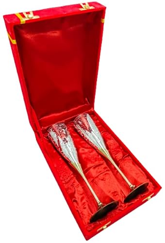 Rynass Royal Handmade Engraved Silver Plated Brass Champagne Toasting Flutes Set Of 2 Wine Glasses Goblets For Wedding With Presentation Velvet Box (With Box) #TOP4
