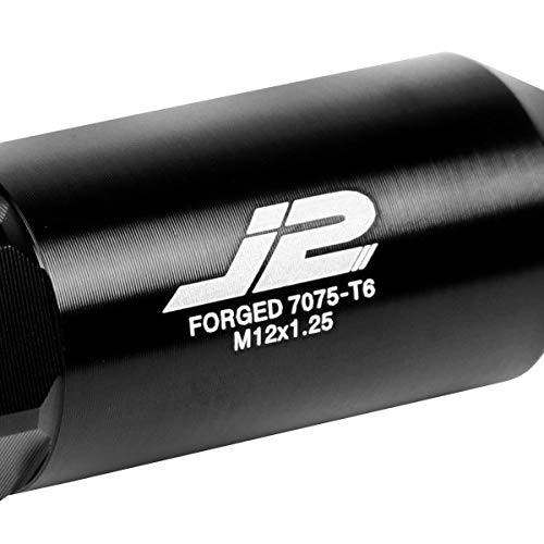 Image of J2 Engineering 20 Pcs 7075 Aluminum Tall Open End M12 x 1.25 Lug Nuts Set w /Socket Adapter, Black, Fit Conical Seat, LN-T7-003-125-BK