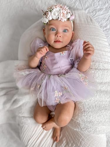 FYBITBO Newborn Baby Girl Romper Dress Floral Bowknot Long Puff Sleeve Layered Tulle Tutu Bodysuit Jumpsuit with Headband Set3