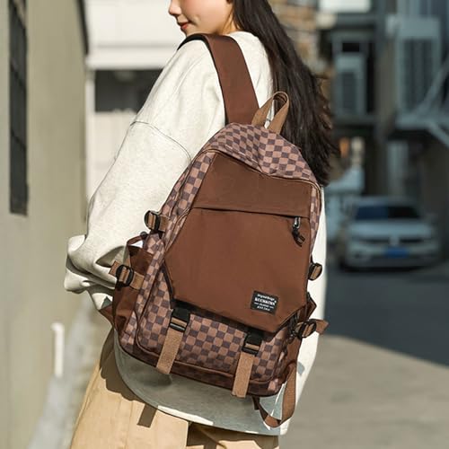 Teclado Fashion Backpack Checkered Casual Bookbags Lightweight Laptop Bag Outing Travel Daypacks (Brown)2