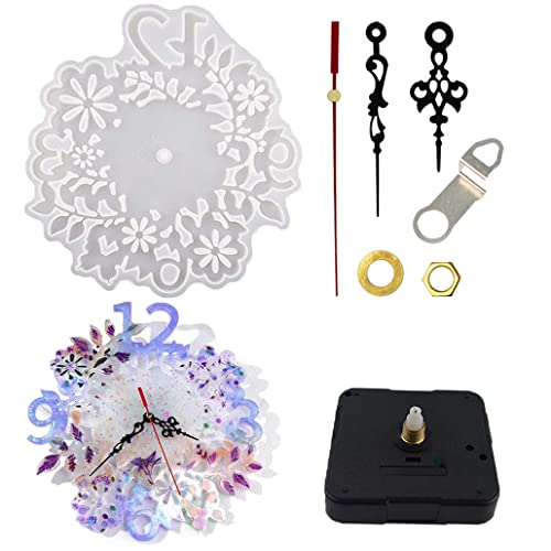 TikooTik Grand Horloge Résine Moule De Siliconeavec Accessoires de Mouvement D'horloge Résine À Fleurs Moule Arabe Chiffres Résine Moule Clock Resin Mold pour DIY Artisanat (Grand / 34x32cm) Cover