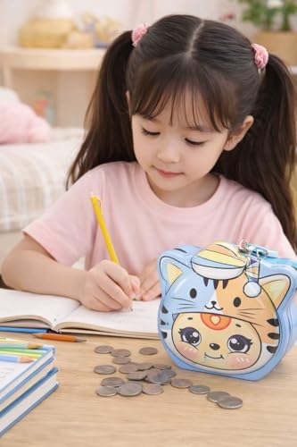 Image of Sajani Cute Cartoon Creative Portable Piggy Bank, Money Saving Box with Combination Lock, Mini Coin Bank Gifts for Boys and Girls, Best Return Gifts for Kids (Pack of 1) (Tiger - Blue)