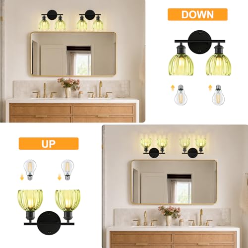 Image of Bathroom Light Fixtures, 2-Light Black Vanity Lights for Bathroom with Green Tulip Glass Shade, 12 inch Vintage Bathroom Vanity Lighting Fixtures Over Mirror for Bedroom Living Room Hallway