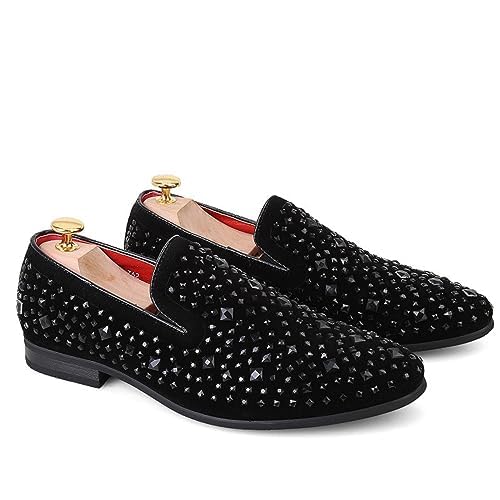 Men's Rhinestone Sequined Slip-on Smoking Loafers,Trendy Suede Pointed Toe Classic Tuxedo Dress Shoes Moccasins Party Wedding Penny Sparkly Shoes2