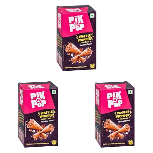 Image of Pik n Pop Hazelnut Mini Waffle Cones 70g, Crispy Cones with Creamy Hazelnut Filling, Whole Wheat, Non-Meltable Ready-to-Eat Snack, 100% Eggless (Pack of 3)