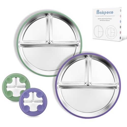 Image of Bakpoco Stainless Steel Toddler Plate with Suction, 8” Divided Plates with Removable Silicone Sleeves for Baby, Non Toxic & BPA Free | Non Slip | Unbreakable Kids Snack Dishes Set of 2, Green & Purple