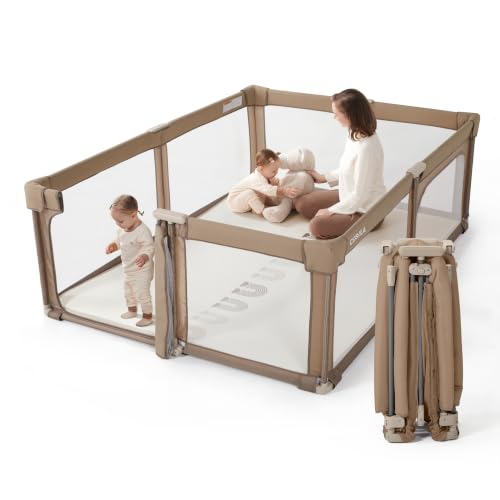 Image of Baby Playpen Portable, Pre-Assembled Play Pen 59x59 Large Foldable Playpen for Babies and Toddlers, Sturdy and Safe Toddler Play Yard Indoor Outdoor with Carry Bag, Dark Khaki