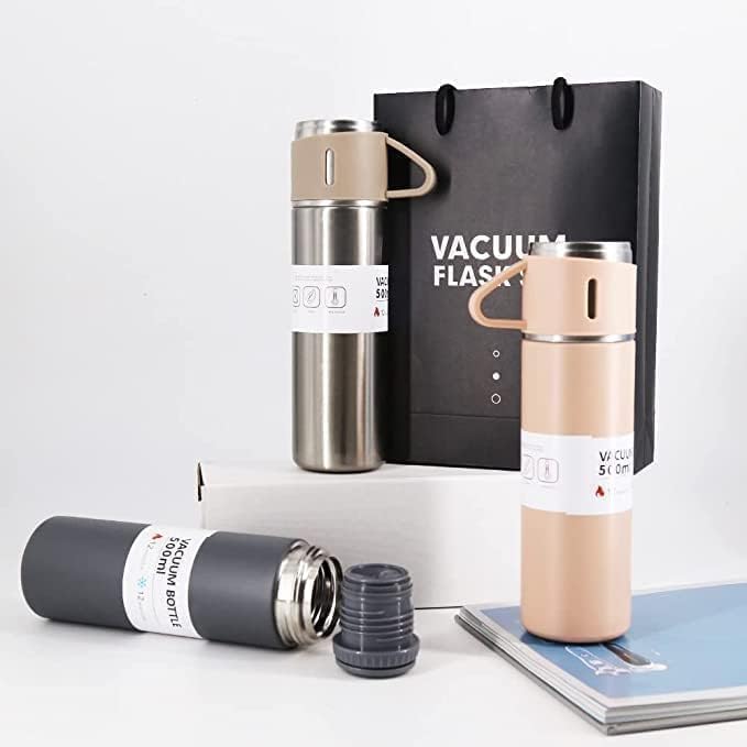 Image of Stainless Steel Vacuum Flask Set with 2 Cups, 500ml Vacuum Insulated Tea & Coffee Bottle, Leakproof Hot & Cold Water Flask, Travel Mug Gift Set for Office, Travel & Diwali (Multicolor)