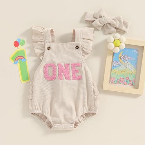 Baby Girl Birthday Outfit One Embroidery Romper Corduroy Ruffle Sleeveless Bodysuit Headband Cake Smash Outfits2