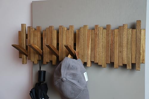 Image of Natural Wood Wall Mounted Piano Coat Rack| Coat Rack Wall Mount| Flip Down Wall Hook Rack 7 Hooks| Entryway Wall Art Hook,Made of Acacia Wood (Wood Wax Oil staining Light Brown).