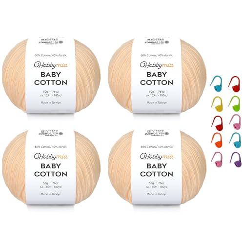 Image of Baby Cotton Blend Yarn - Soft Sport Weight Yarn for Crochet & Amigurumi - 50g /180yds - 60% Cotton 40% Acrylic - Ideal for Baby & Knitting Proj. & 10 Stitch Markers(Dairy Cream, 4 Balls)
