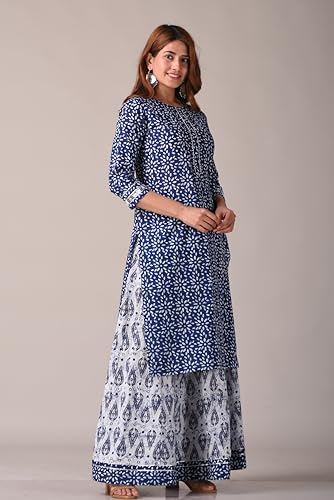 Image of KANNAHI Women Pure Cotton Blue and Rust Ethnic Motif Ajrakh Handblock Printed Kurta Set