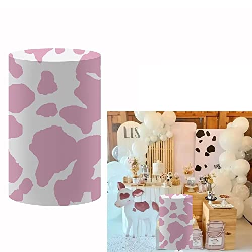 ittsmnt Pink Cow Skin Pedestal Covers for Parties Decorations Barn Farm Theme Cylinder Plinth Covers Baby Shower Birthday Party Dessert Tablecloth Banquet Decor