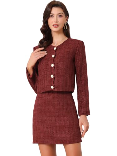 Allegra K Conjunto de Blazer de Tweed para Mujer, Elegante Traje de Trabajo de 2 Piezas con Falda y Blazer Rojo Oscuro L