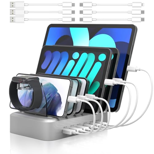 MSTJRY 90W 6-Port USB C Fast Charging Station for Multiple Devices, Multi PD Charger Station for iPhone iPad Tablet Phone, Charging Dock Organizer with Adjustable Dividers for Home Office Cl