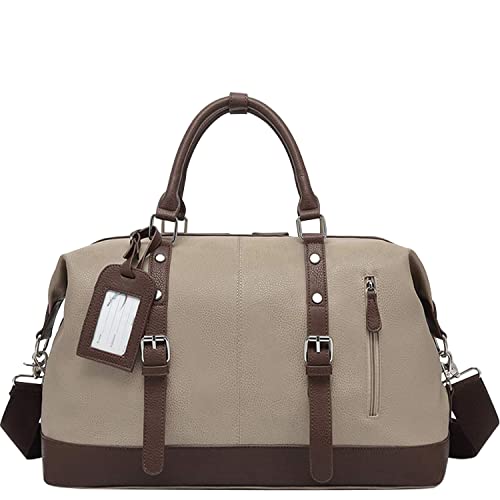 IBLUE 21in X-Large Durable Canvas Weekend Travel Tote Genuine Leather Trim Carryon Handbag Overnight Bag Sports Duffel Shoulder Bag Gym Tote With Pockets