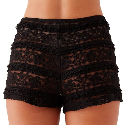 Women's Floral Lace Shorts Elastic Waist Bodycon Fit Semi See Through Booty Shorts for Under Dress (Black, M)