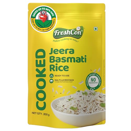 Freshcon Ready to Eat Basmati Jeera Rice 800g | Fully Cooked Long Grain Cumin Rice | Steamed & Aromatic | Heat & Serve | No Preservatives -200g Pack of 4