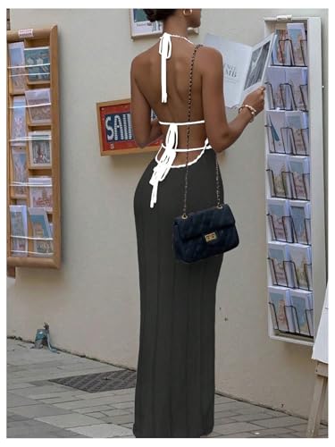 Image of SOLY HUX Women's Tie Backless Maxi Halter Dress Deep V Neck Sleeveless Knit Elegant Dresses