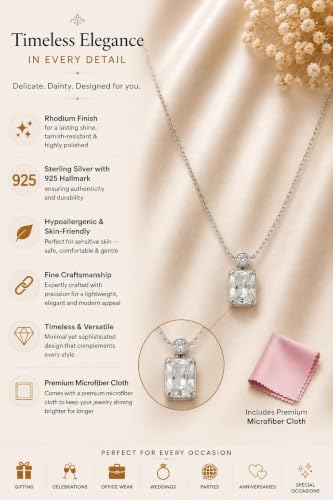 Image of Impression White 925 Sterling Silver Rhodium Necklace for Women | Emerald-Cut Clear AAA Cubic Zirconia Pendant with Round CZ Accent Chain | Anniversary Birthday Jewelry Gift for Girlfriend, Sister, Wife