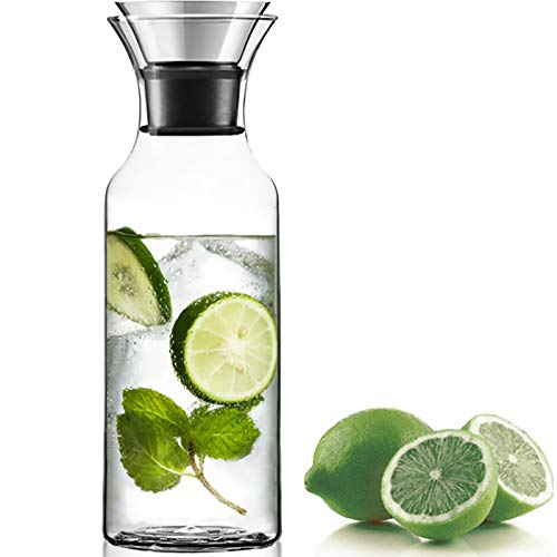 WUWEOT 33 OZ Glass Carafe with Stainless Steel Lid Heat Resistant Borosilicate Water Carafe Jug Beverage Pitcher for Water Milk Coffee Serving Wine Homemade Iced Tea and Juice