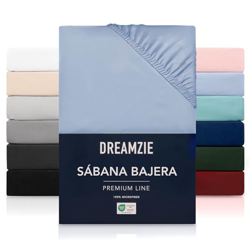 Dreamzie Sabanas 90x190 cm - Grandes Solapas de hasta 33 cm - 100% Microfibra - Azul - Certificada sin Productos Químicos (Oeko Tex), Sabanas bajeras Completamente Elásticas