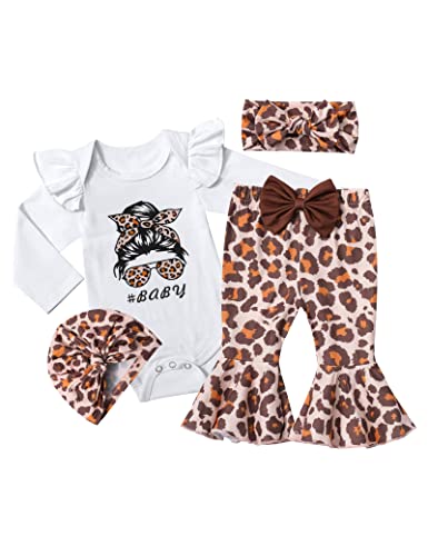 Image of ADIFUN Baby Girl Clothes,4pcs Infant Newborn Girl Outfits Ruffle Romper Baby Bell Bottoms Headband Bandana Clothes Sets Gifts