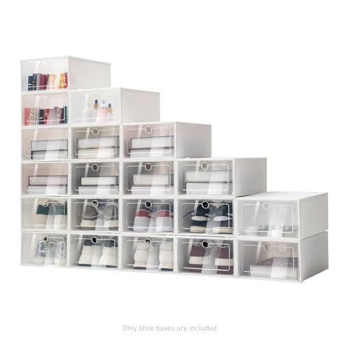 Caja para zapatos apilable de 20 piezas, con tapa, transparente, apilable, de polipropileno, transparente, de plástico, color blanco, 22,5 x 33 x 14 cm