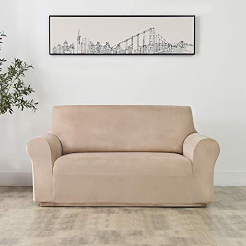 Maxmill MM-VW-TAUPE-MEDIUM Velvet Loveseat Slipcover 1 Pc Stretch Spandex Sofa Couch Slipcover thumb #1