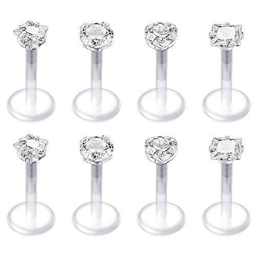 Mayhoop 8Pcs 6mm Piercing Tragus Helix Labret Piercing 16G Acrylique Flexible Clair CZ Retainers Piercing Lèvre Labret Cartilage Femme Homme Bijoux de Piercing Cover