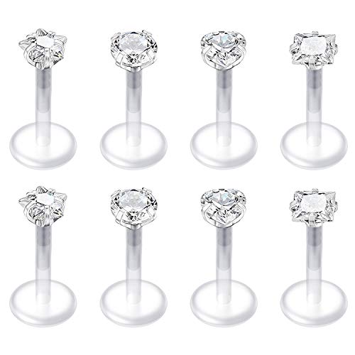 Mayhoop 8Pcs 6mm Piercing Tragus Helix Labret Piercing 16G Acrylique Flexible Clair CZ Retainers Studs Labret Clou de Tragus Cartilage Helix Lèvre Femme Homme Bijoux de Piercing