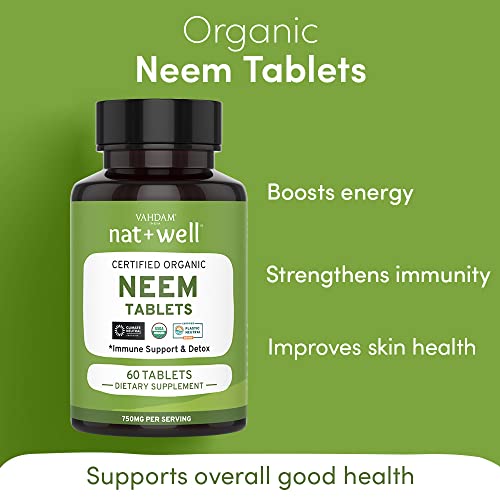 Nat+Well, Organic Neem Tablets (60 Tablets, Azadirachta Indica) Usda Organic- Neem Powder - 750Mg Per Serving, 2 Months Supply #TOP2
