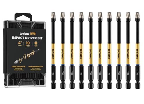 Image of toolant T30 4 inch Impact Torx Bits, 1 /4 inch Hex, S2 Steel, 10-Piece Set | Diamond-coated CNC tips grip screw heads, while strengthened magnets hold screws in tight spaces.
