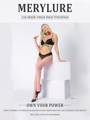 MERYLURE 15D Sheer Thigh High Stockings with Double Silicone, Lace Top Pantyhose Lingerie for Women, Stay Up Nylons2