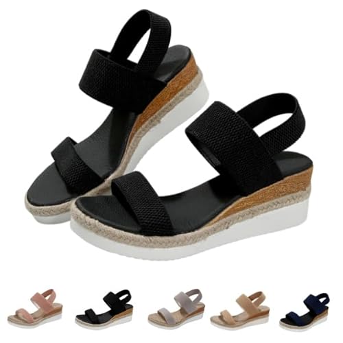 Wedge Sandals for Women Summer Open Toe Flatform Wedges with Elastic Ankle Strap Casual Walking Arch Support Wedges (23.0 cm,Bla