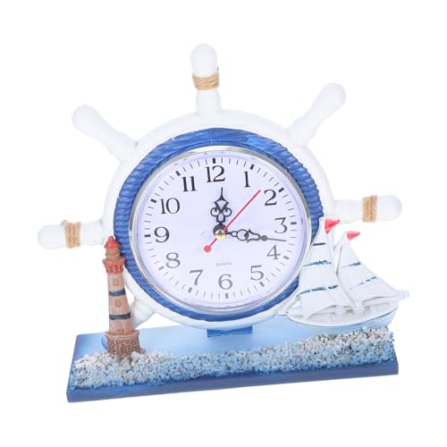 MALUGOGO Orologio da tavolo silenzioso vintage nautico con faro e ruota della nave decorazione costiera mediterranea multifunzionale sveglia in legno silenzioso per la decorazione della casa e