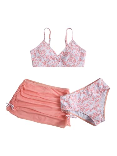 Image of COZYEASE Girls' 3 Piece Set Floral Print Bikini Swimsuit with Drawstring Beach Skirt Cute Ruched Bathing Suit