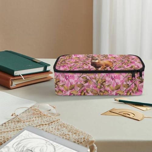 Image of Deer Pencil Pouch for Girls Pink Forest Camo Pencil Bag for Kids Portable Large Pen Container with Mesh Pockets for School Students