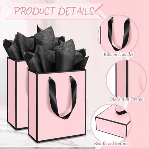 Image of Yeaqee 24 Pack Metallic Paper Gift Bag with Tissue, Light Pink and Black | with Satin Ribbon Handle and Tissue, 9x7x3.1 Inch, Suit Business, Birthday, Christmas, Thank You Return Gifts Bags