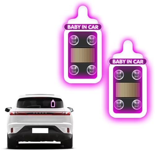 GCZCC 2PCS Solar Powered Window Baby in Car Sign Warning Light Wireless LED Ambient Lighting Baby Bottle Shape Neon Lamp Funny Decor Accessories to Alert Following Vehicles-Pink