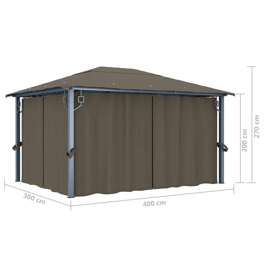 Pawilon z zasłonami i łańcuchem świetlnym LED, 400 x 300 cm, kolor taupe, aluminium, stal, pawilon ogrodowy na taras, balkon, imprezę w ogrodzie, grillowanie, uroczystości, z ochroną UV i