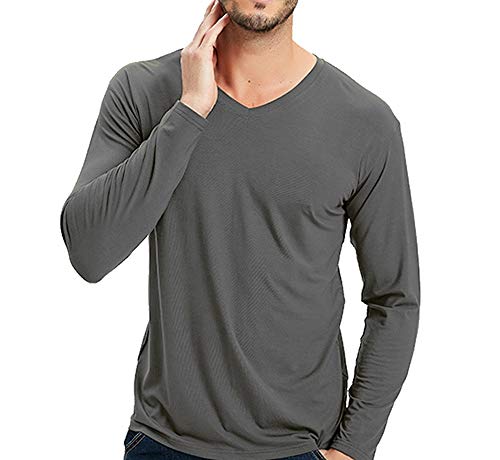 Image of Wantschun Mens Modal Mix Bamboo Fiber V Neck Long Sleeve T-Shirt Undershirt Sleepwear Top Nightwear (Dark Grey,UK XS)